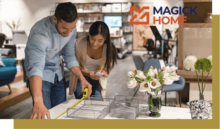 Couple measuring furniture in a Magick Home showroom