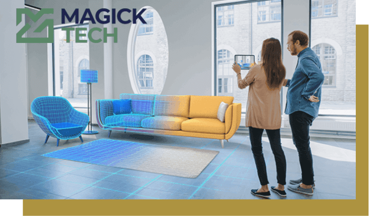 Couple using an AR furniture visualization app in a living room